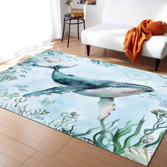 Area Rugs Indoor Non-Slip Rectangle Rug 5x8 Ft Teal Whale Rug Rubber Backing Floor Mats Non Shedding Home Decor Carpet for Entryway Living Room
