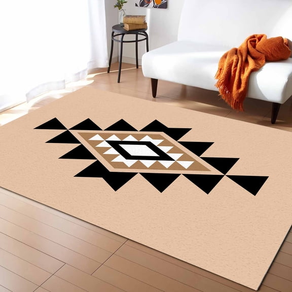 Area Rugs Indoor Non-Slip Rectangle Rug 5x8 Ft Triangle Combination Pattern Black White Brown Retro Decor Rug Rubber Backing Floor Mats Non Shedding Home Decor Carpet for Entryway Living Room