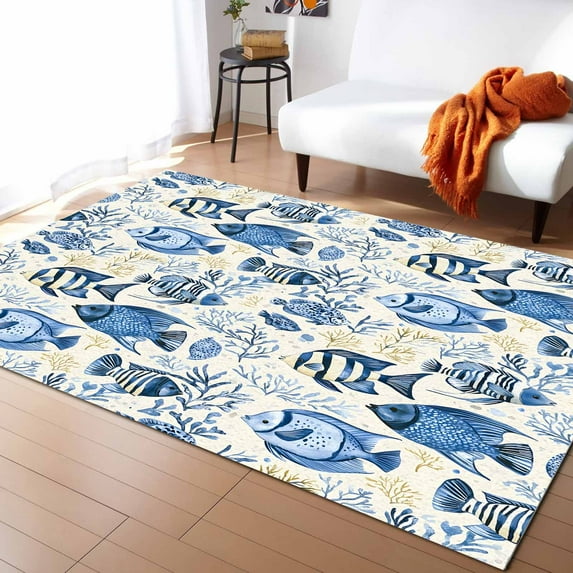 Area Rugs Indoor Non-Slip Rectangle Rug 5x8 Ft Tropical Marine Life Watercolor Blue Fish Coral Rug Rubber Backing Floor Mats Non Shedding Home Decor Carpet for Entryway Living Room