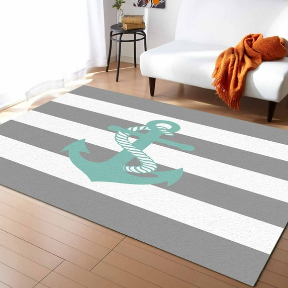 Area Rugs Indoor Non-Slip Rectangle Rug 5x8 Ft Turquoise Anchor Grey Striped Nautical Coastal Rug Rubber Backing Floor Mats Non Shedding Home Decor Carpet for Entryway Living Room
