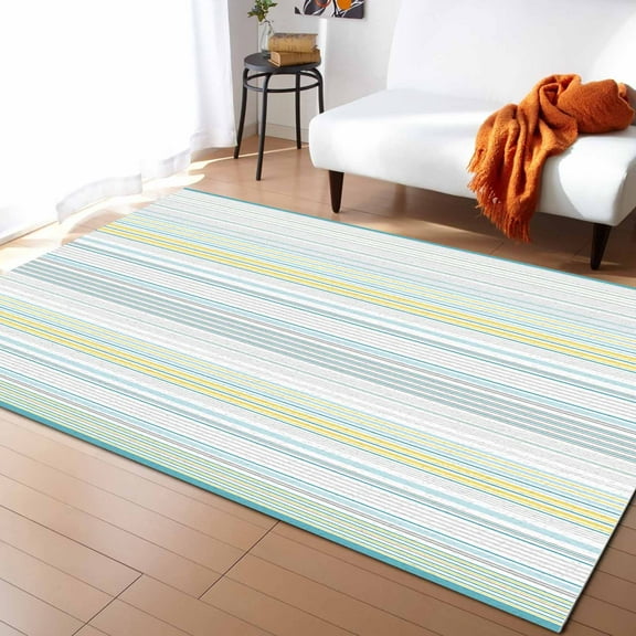 Area Rugs Indoor Non-Slip Rectangle Rug 5x8 Ft Turquoise Yellow Striped Rug Rubber Backing Floor Mats Non Shedding Home Decor Carpet for Entryway Living Room