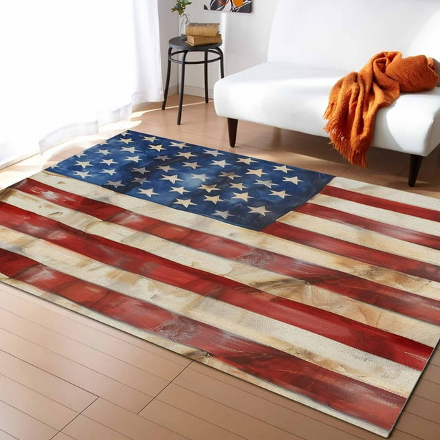 Area Rugs Indoor Non-Slip Rectangle Rug 5x8 Ft Vintage American Flag Independence Day Rug Rubber Backing Floor Mats Non Shedding Home Decor Carpet for Entryway Living Room