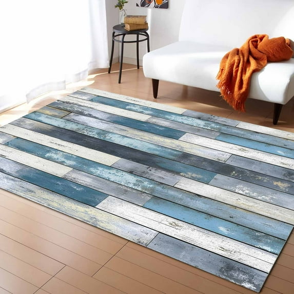 Area Rugs Indoor Non-Slip Rectangle Rug 5x8 Ft Vintage Country Blue Wood Grain Rug Rubber Backing Floor Mats Non Shedding Home Decor Carpet for Entryway Living Room
