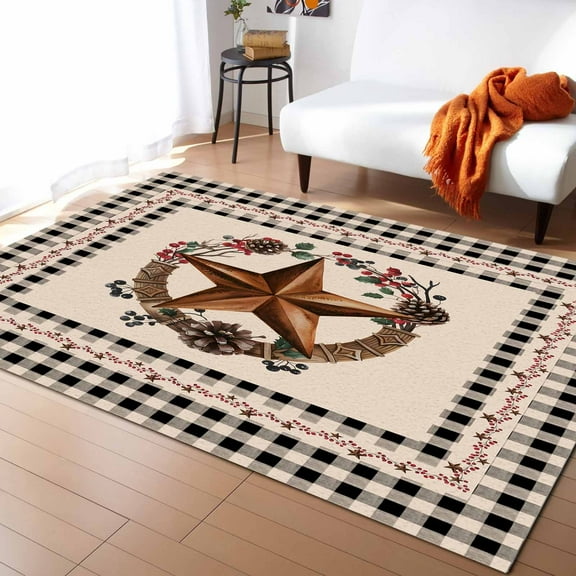 Area Rugs Indoor Non-Slip Rectangle Rug 5x8 Ft Vintage Country Star Wreath Farmhouse Black Buffalo Plaid Rug Rubber Backing Floor Mats Non Shedding Home Decor Carpet for Entryway Living Room