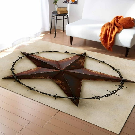 Area Rugs Indoor Non-Slip Rectangle Rug 5x8 Ft Vintage Country Western Lone Star Metal Circle Rug Rubber Backing Floor Mats Non Shedding Home Decor Carpet for Entryway Living Room
