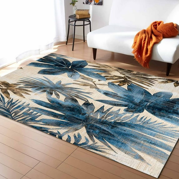Area Rugs Indoor Non-Slip Rectangle Rug 5x8 Ft Vintage Leaves Blue Brown Tropical Plants Linen Texture Rug Rubber Backing Floor Mats Non Shedding Home Decor Carpet for Entryway Living Room