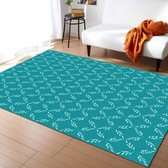 Area Rugs Indoor Non-Slip Rectangle Rug 5x8 Ft White Diamond Lattice Teal Retro Plaid Texture Rug Rubber Backing Floor Mats Non Shedding Home Decor Carpet for Entryway Living Room