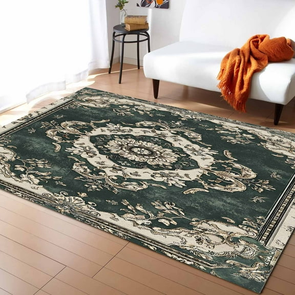 Area Rugs Indoor Non-Slip Rectangle Rug 5x8 Ft White Green Boho Ethnic Oriental Floral Mottled Vintage Retro Rug Rubber Backing Floor Mats Non Shedding Home Decor Carpet for Entryway Living Room