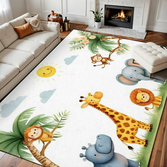Area Rugs For Kids Boho Washable Classroom Rug Watercolor Animal Jungle Tiger Elephant Zebra Giraffe Monkey Soft Rubber Backed Non-Slip Carpets For Playroom Learning Room School 1x2ft