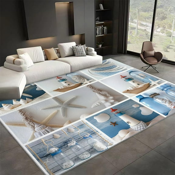 Area Rugs Light Rectangle Carpet, Beach Theme Starfish Lighthouse Design Non Slip Rug, For Dining Room Backyard Decor Carpet, For Kids Teen Boys Women Men Flannel Rug