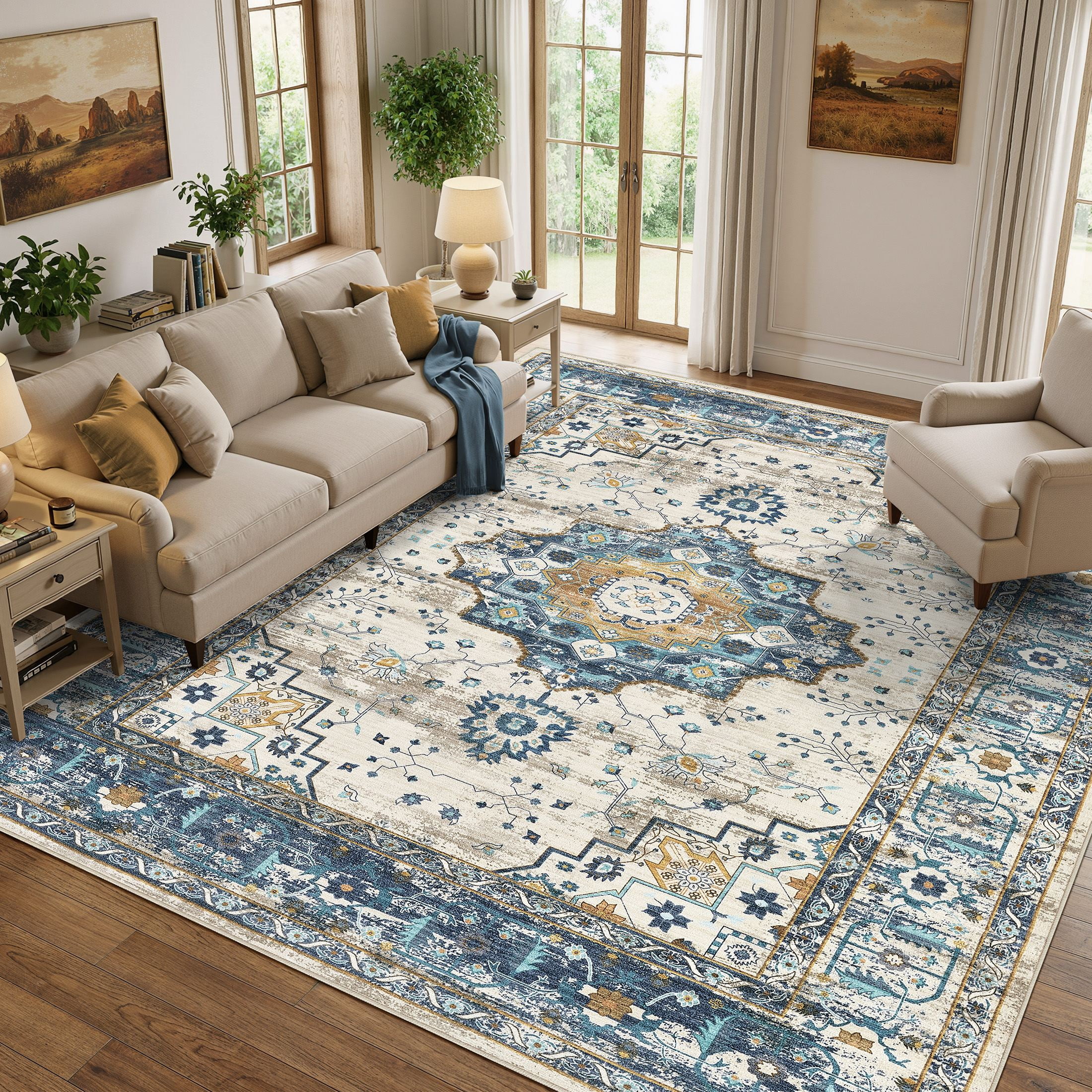 Uermei 10'x14' Large Area Rug: Soft Non-Slip Washable Indoor Carpet for Living Room Bedroom Dining Room Office - Blue Cream