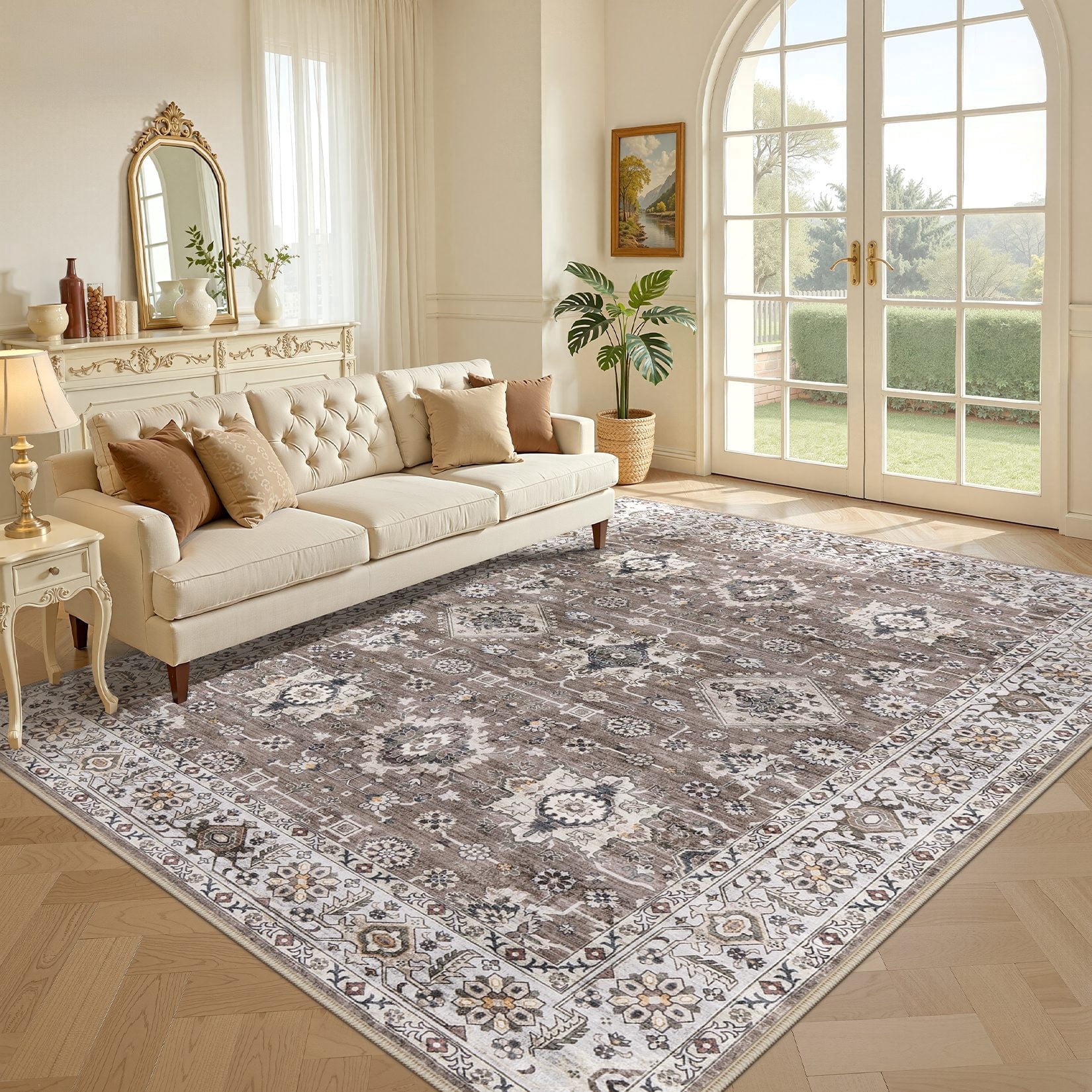 Uermei 10'x14' Large Area Rugs for Living Room: Non-Slip Indoor Carpet, Large Washable Vintage Foldable Rug for Bedroom Dining Room Office - Brown