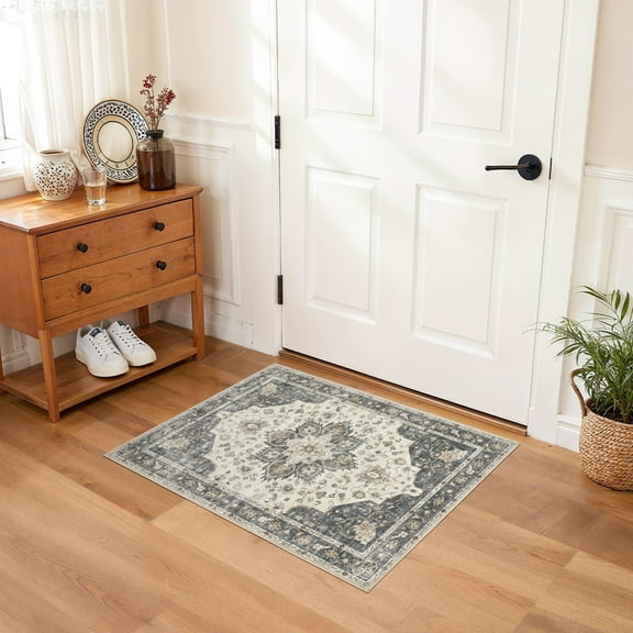 Uermei 2'x3' Soft Washable Area Rug: Non-Slip Stain-Resistant Indoor Mat, Thin & Easy-Clean Small Entryway Rug for Hallway, Bedroom, Bathroom, Kitchen, Office - Beige Blue