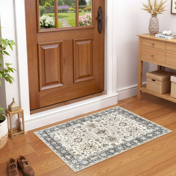 Uermei 2'x3' Small Washable Area Rug: Non-Slip Stain-Resistant Durable Indoor Mat for Entryway, Kitchen, Bedroom, Laundry, Pet & Kid-Friendly Home Decor - Beige Blue
