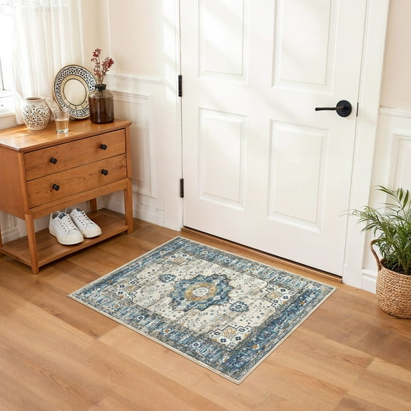 Uermei 2'x3' Soft Washable Area Rug: Non-Slip Stain-Resistant Indoor Mat, Thin & Easy-Clean Small Entryway Rug for Hallway, Bedroom, Bathroom, Kitchen, Office - Blue Cream