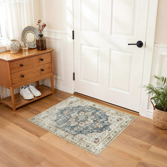 Uermei 2'x3' Soft Washable Area Rug: Non-Slip Stain-Resistant Indoor Mat, Thin & Easy-Clean Small Entryway Rug for Hallway, Bedroom, Bathroom, Kitchen, Office - Blue Golden