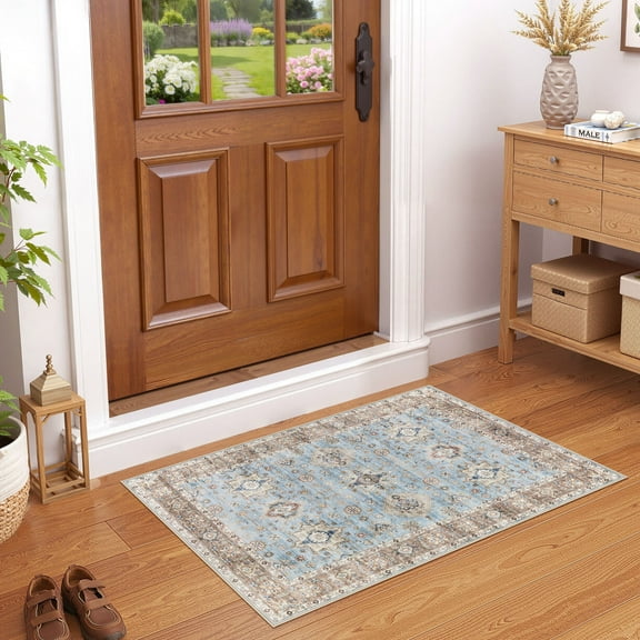 Uermei 2'x3' Small Washable Area Rug: Non-Slip Stain-Resistant Durable Indoor Mat for Entryway, Kitchen, Bedroom, Laundry, Pet & Kid-Friendly Home Decor - Brown Blue