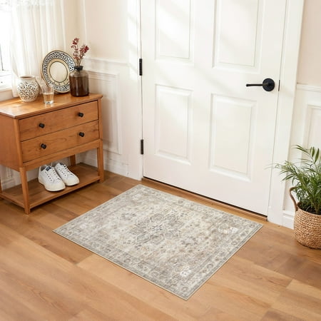 Uermei 2'x3' Soft Washable Area Rug: Non-Slip Stain-Resistant Indoor Mat, Thin & Easy-Clean Small Entryway Rug for Hallway, Bedroom, Bathroom, Kitchen, Office - Camel