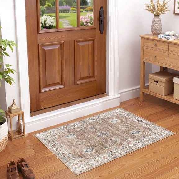 Uermei 2'x3' Small Washable Area Rug: Non-Slip Stain-Resistant Durable Indoor Mat for Entryway, Kitchen, Bedroom, Laundry, Pet & Kid-Friendly Home Decor - Brown Orange