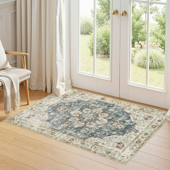 Uermei 3'x5' Washable Area Rug: Soft Non-Slip Indoor Floor Rug for Bedroom, Office, Dining Room, Entryway, Stain-Resistant Door Mat Throw Carpet for Laundry Foyer - Blue Golden