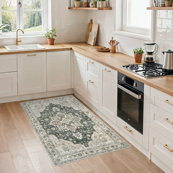 Uermei 3'x5' Washable Area Rug: Soft Non-Slip Indoor Floor Rug for Bedroom, Office, Dining Room, Entryway, Stain-Resistant Door Mat Throw Carpet for Laundry Foyer - Brown Green