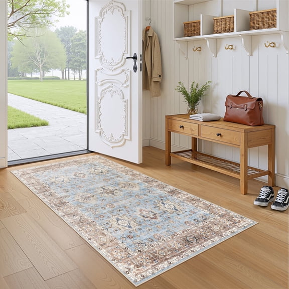 Uermei 3'x5' Soft Area Rugs: Washable Non-Slip Low Pile Rug for Living Room, Bedroom, Kitchen, Entryway, Modern Vintage Printed Carpet - Brown Blue