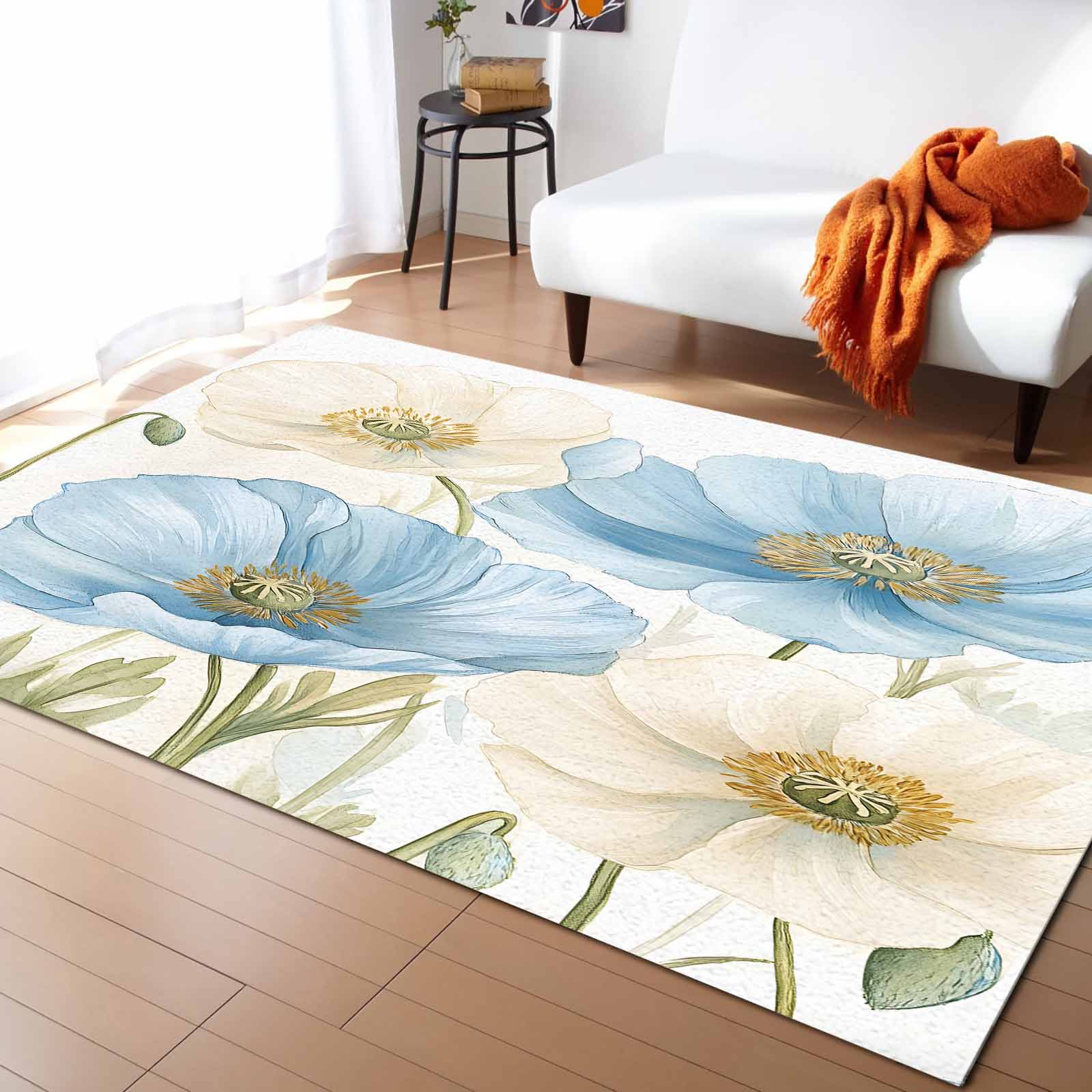 Area Rugs for Living Room, 4'x6' Throw Washable Rug Spring Plants Blue ...