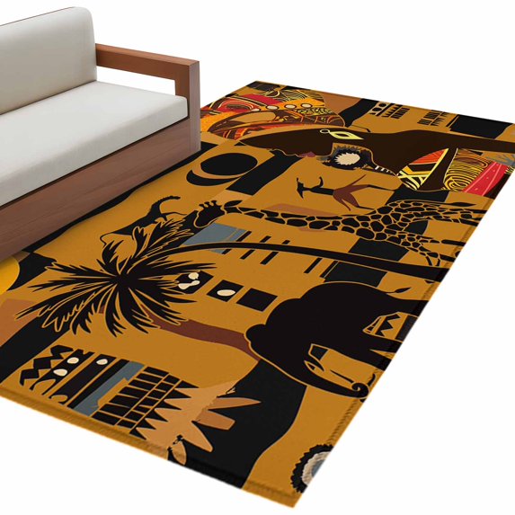 Area Rugs for Living Room 4x6 Ft, Black African Women Non Slip Area Rugs for Kitchen Bedroom Entryway, Boho Brown Elephant Giraffe Ethnic Washable Carpet Runner Rug Floor Mats for Bedroom Home Decor