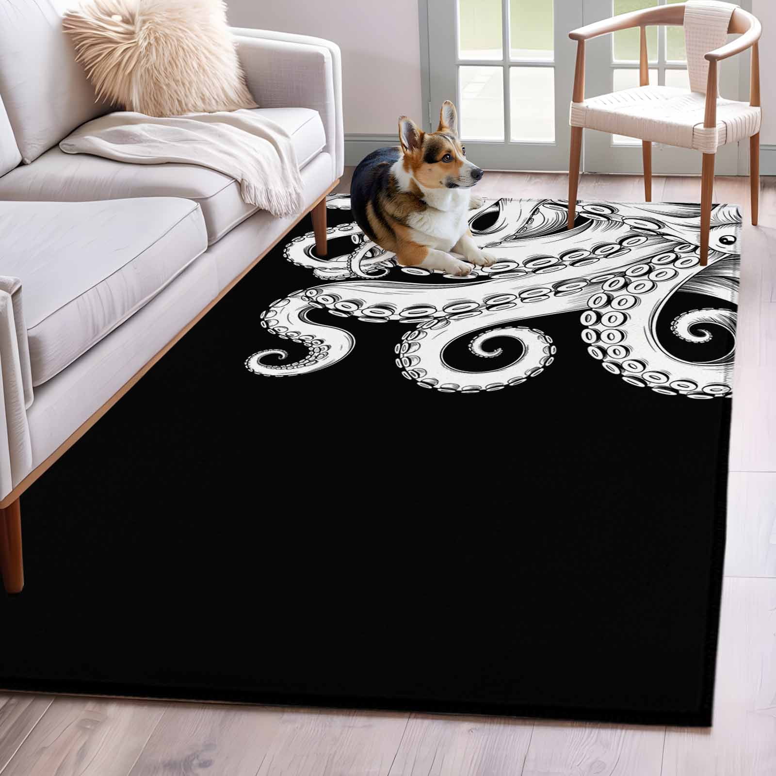 Area Rugs for Living Room 4x6 Ft, Black White Octopus Non Slip Area ...