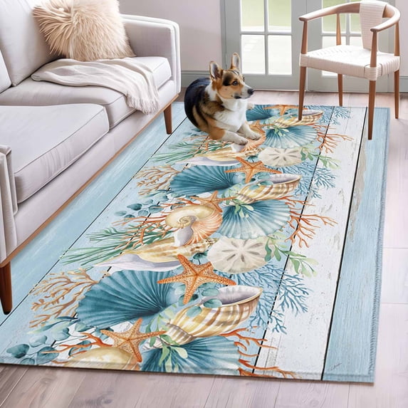 Area Rugs for Living Room 4x6 Ft, Blue Beach Coastal Non Slip Area Rugs for Kitchen Bedroom Entryway, Nautical Shell Starfish Coral Summer Washable Carpet Runner Rug Floor Mats for Bedroom