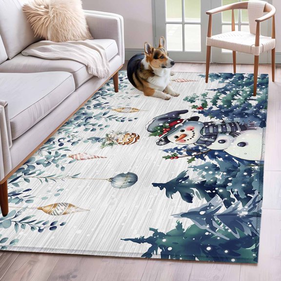 Area Rugs for Living Room 4x6 Ft, Blue Christmas Non Slip Area Rugs for Kitchen Bedroom Entryway, Snowman Eucalyptus Leaves Xmas Snowflake Washable Carpet Runner Rug Floor Mats for Bedroom