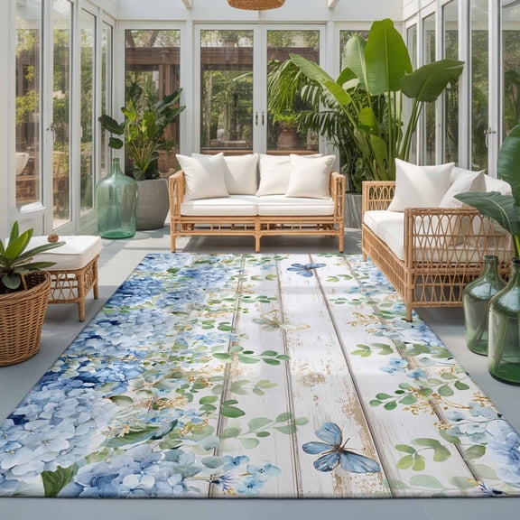 Area Rugs for Living Room 4x6 Ft, Blue Hydrangea Non Slip Area Rugs for Kitchen Bedroom Entryway, Spring Summer Eucalyptus Wooden Washable Carpet Runner Rug Floor Mats for Bedroom Home Decor