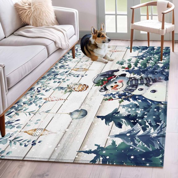 Area Rugs for Living Room 4x6 Ft, Blue Snowman Christmas Non Slip Area Rugs for Kitchen Bedroom Entryway, Xmas Snowflake Eucalyptus Leaves Wooden Washable Carpet Runner Rug Floor Mats for Bedroom