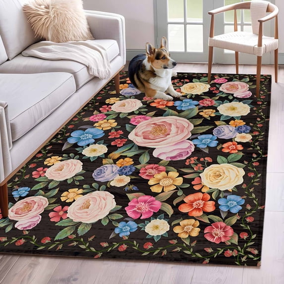 Area Rugs for Living Room 4x6 Ft, Boho Pink Flower Non Slip Area Rugs for Kitchen Bedroom Entryway, Spring Watercolor Country Floral Plant Washable Carpet Runner Rug Floor Mats for Bedroom