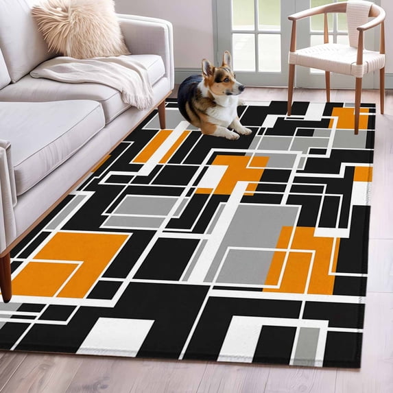 Area Rugs for Living Room 4x6 Ft, Burnt Orange Black Geometric Non Slip Area Rugs for Kitchen Bedroom Entryway, Modern Color Block Abstract Washable Carpet Runner Rug Floor Mats for Bedroom