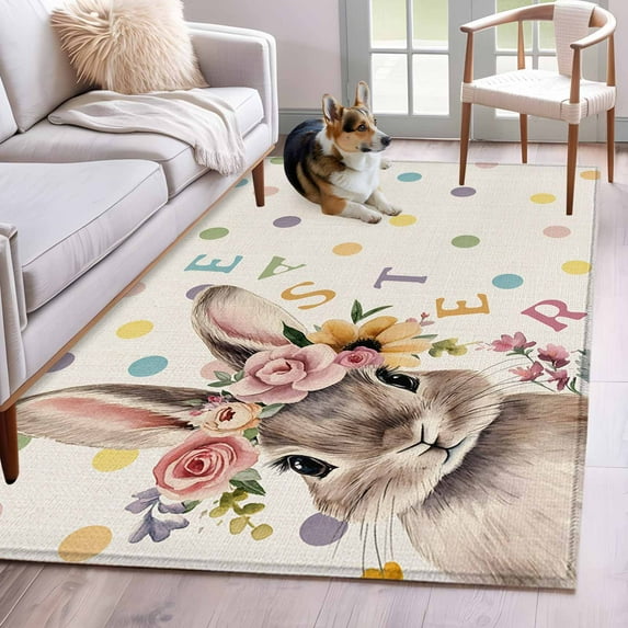 Area Rugs for Living Room 4x6 Ft, Easter Cute Bunny Non Slip Area Rugs for Kitchen Bedroom Entryway, Farmhouse Polka Dot Rabbit Rustic Washable Carpet Runner Rug Floor Mats for Bedroom Home Decor