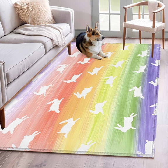 Area Rugs for Living Room 4x6 Ft, Easter Non Slip Area Rugs for Kitchen Bedroom Entryway, Spring Rabbit Silhouette Colorful Rainbow Graffiti Washable Carpet Runner Rug Floor Mats for Bedroom