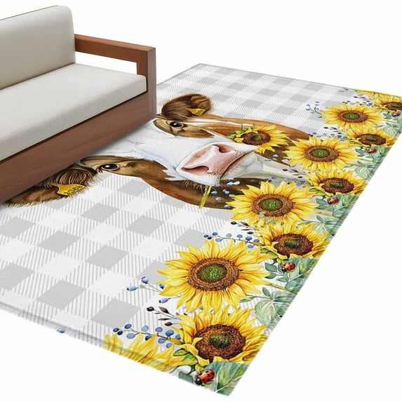 Area Rugs for Living Room 4x6 Ft, Farmhouse Cow Non Slip Area Rugs for Kitchen Bedroom Entryway, Vintage Country Sunflower Gray Plaid Washable Carpet Runner Rug Floor Mats for Bedroom Home Decor