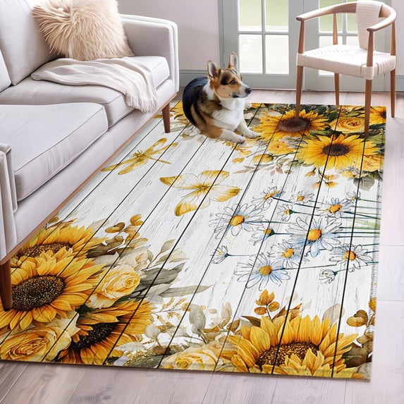 Area Rugs for Living Room 4x6 Ft, Farmhouse Sunflower Non Slip Area Rugs for Kitchen Bedroom Entryway, Vintage Daisy Butterflies Gray Wood Washable Carpet Runner Rug Floor Mats for Bedroom