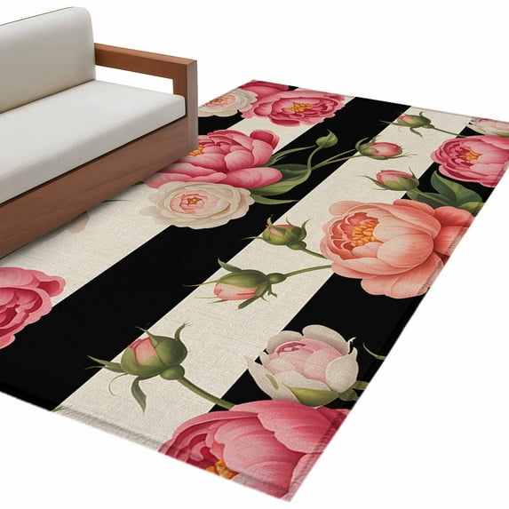 Area Rugs for Living Room 4x6 Ft, Flower Stripes Non Slip Area Rugs for Kitchen Bedroom Entryway, Black White Geometric Pink Rose Floral Washable Carpet Runner Rug Floor Mats for Bedroom Home Decor