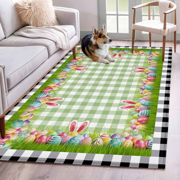 Area Rugs for Living Room 4x6 Ft, Happy Easter Non Slip Area Rugs for Kitchen Bedroom Entryway, Spring Bunny Ears Eggs Buffalo Checkered Washable Carpet Runner Rug Floor Mats for Bedroom Home Decor