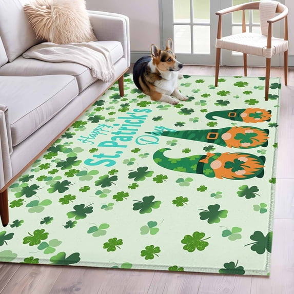Area Rugs for Living Room 4x6 Ft, Happy St. Patrick's Day Non Slip Area Rugs for Kitchen Bedroom Entryway, Green Gnomes Lucky Leaves Clovers Washable Carpet Runner Rug Floor Mats for Bedroom