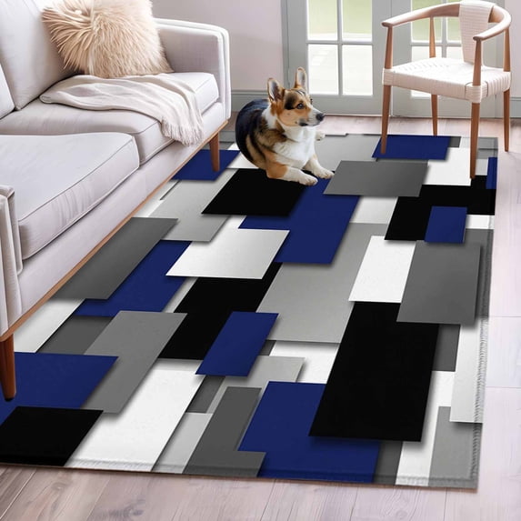 Area Rugs for Living Room 4x6 Ft, Navy Blue Black Geometric Non Slip Area Rugs for Kitchen Bedroom Entryway, Modern Abstract Art Block Washable Carpet Runner Rug Floor Mats for Bedroom Home Decor