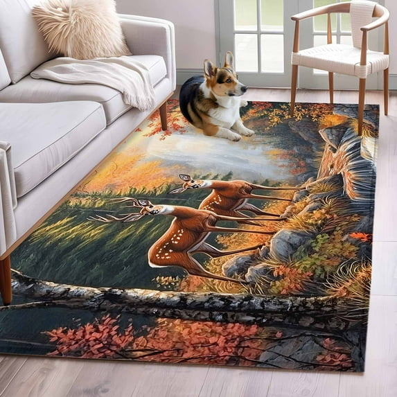 Area Rugs for Living Room 4x6 Ft, Orange Botanical Elk Non Slip Area Rugs for Kitchen Bedroom Entryway, Farmhouse Deer River Washable Carpet Runner Rug Floor Mats for Bedroom Home Decor