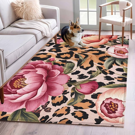 Area Rugs for Living Room 4x6 Ft, Pink Flowers Non Slip Area Rugs for Kitchen Bedroom Entryway, Leopard Spot Vintage Floral Country Plants Washable Carpet Runner Rug Floor Mats for Bedroom Home Decor