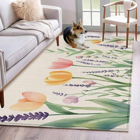 Area Rugs for Living Room 4x6 Ft, Pink Yellow Spring Floral Non Slip Area Rugs for Kitchen Bedroom Entryway, Vintage Summer Botanical Washable Carpet Runner Rug Floor Mats for Bedroom Home Decor