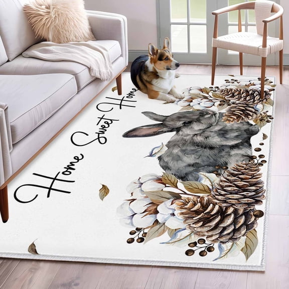 Area Rugs for Living Room 4x6 Ft, Rabbits Pine Cone Non Slip Area Rugs for Kitchen Bedroom Entryway, Sweet Home Texture Brown Leaves Berries Washable Carpet Runner Rug Floor Mats for Bedroom