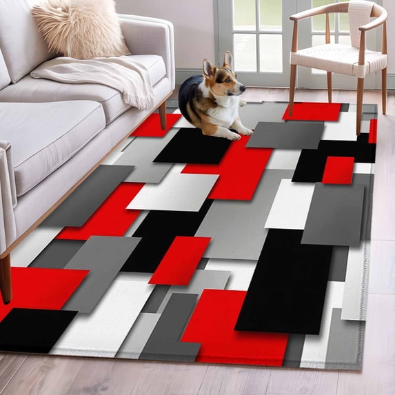 Area Rugs for Living Room 4x6 Ft, Red Black Geometric Non Slip Area Rugs for Kitchen Bedroom Entryway, Modern Abstract Art Block Washable Carpet Runner Rug Floor Mats for Bedroom Home Decor