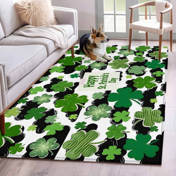 Area Rugs for Living Room 4x6 Ft, St. Patrick's Day Non Slip Area Rugs for Kitchen Bedroom Entryway, Green Shamrock Leaves Black Cloud Spring Washable Carpet Runner Rug Floor Mats for Bedroom