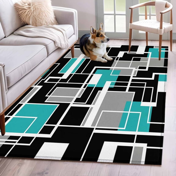 Area Rugs for Living Room 4x6 Ft, Teal Blue Black Geometric Non Slip Area Rugs for Kitchen Bedroom Entryway, Modern Abstract Art Block Washable Carpet Runner Rug Floor Mats for Bedroom Home Decor